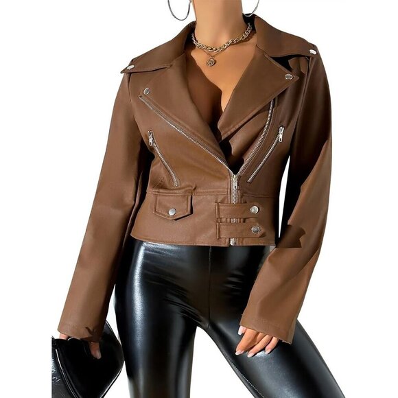 Leather Jacket Women Moto Biker Zip Up Jacket Open Front Coat Outwear - Picture 4 of 5